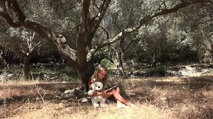 Kid Reading Book by Tree, Girl, Child Studying in Nature, Schoolgirl Learning for School Outdoor, Children Education