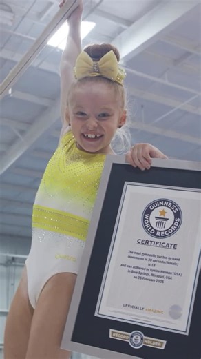 Guinness World Records on Instagram: "Most gymnastic bar toe-to-hand movements in 30 seconds (female) - 18 by Kynlee Heiman AKA @kynlee_the_great 🇺🇸 “It felt so amazing, it was so cool, because I’ve always wanted to do that, and now I’ve done it, so I’m so excited and so happy!” said talented gymnast Kynlee after competing her record attempt, which features in the #GWR2026 book. “I think I can [get to the Olympics] if I keep working hard and keep loving the sport,” Kynlee said. “But definitely
