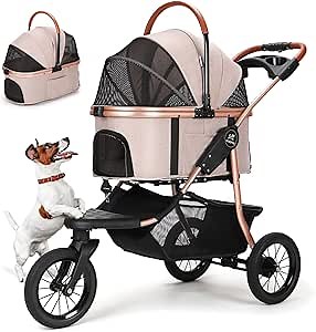 SKISOPGO Foldable Pet Jogger Strollers for Small Medium Dogs Cats, 3 in 1 Dog Jogging Stroller, No-Zip Dog Wagon Stroller with Detachable Carrier, Durable Rubber 3 Wheels for Travel (Khaki)