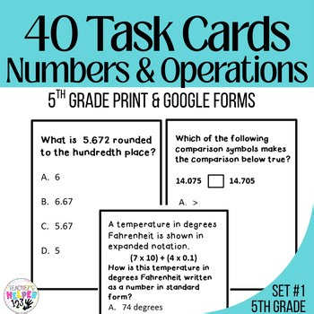 5th Grade| Numbers & Operations Inequality Math | 40 Task Cards | Digital Set#1
