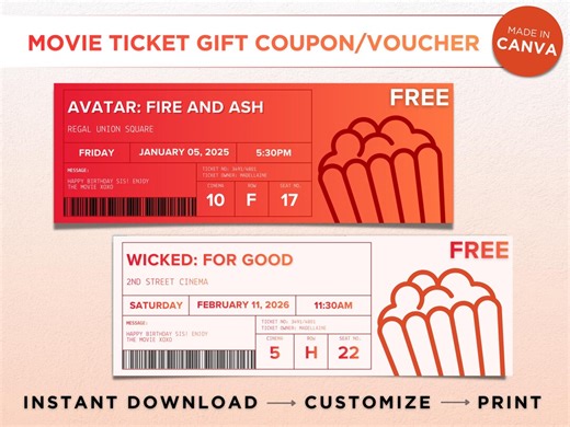 Editable Movie Ticket Template, Surprise Gift, Cinema Invitation Canva Printable Template, Instant Download - Etsy Canada