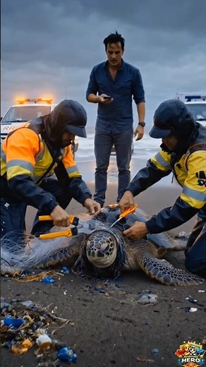 Ocean Rescue Team Saves Trapped Sea Turtle ❤️#rescueanimals #oceanlife #shortsviral #turtlerescue
