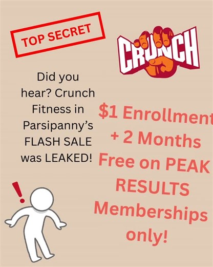 Crunch Fitness Parsippany on Instagram: "👀🤫 TOP SECRET… oops. The leak is real: Peak Results Memberships just dropped to $1 enrollment + 2 MONTHS FREE 💥 No code names. No cover stories. Just gains. Get in before this “secret” disappears 🏃‍♂️🔥 #CrunchFitness #SecretNoMore #PeakResults #crunchfitness"