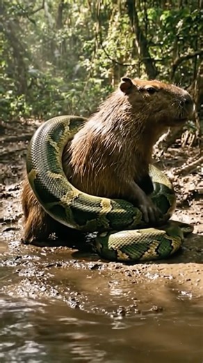 Capybara vs Anaconda #anaconda #capybara #animals #snake #ai #shorts #fyp #love #viral #wildlife