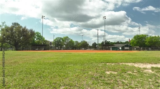 Dynamic cinematic footage of green grass in foreground slowly revealing an empty baseball field under a cloudy sky