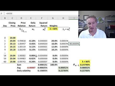 Volatility: Exponentially weighted moving average, EWMA (FRM T2-22)