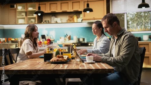 Busy working dad typing on laptop at kitchen table with his family, ignoring his pre-teen girl and wife during breakfast. Distracted preoccupied father distant with his daughter. Camera B.