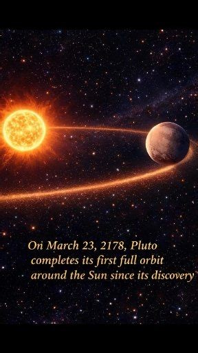 👉One trip around the Sun takes Pluto about 248 Earth years. Since Pluto was discovered in 1930, it won’t finish a full orbit after its discovery until March 23, 2178—a date far beyond any human lifetime so far. Pluto moves so slowly because it is extremely far from the Sun. Objects in the outer solar system travel along huge paths and take a very long time to circle the Sun. From the moment astronomers first spotted Pluto, it has been following its stretched, oval-shaped orbit, but it still has