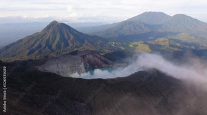 Sunrise in Ijen volcano, Java, Indonesia. Landscape with the green lake and the smoke Stock Video