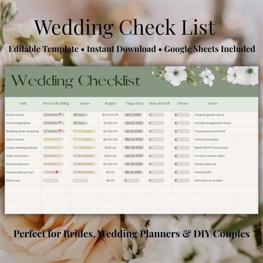 Wedding Checklist Template | Editable Wedding Planner Spreadsheet | Google Sheets Wedding Planner | Instant Download - Etsy