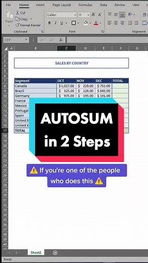 Autosum in 2 easy steps. Like and Follow! #excel #exceltricks #learnexcel #cursoexcel #msexcel #excelguru #formulas #accountinglife #internlife