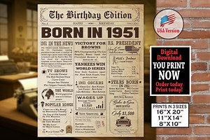 1951 Birthday NEWSPAPER | 1951 Birthday Poster | 1951 Adult Birthday Party Decoration | AUTHENTIC Look Printable Poster | Instant Download - Etsy
