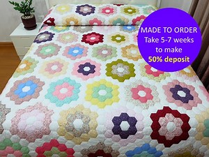 Handmade Flower Garden Hexagon Quilt: Pastel Patchwork Bedding, Custom Amish Style Quilt, Floral Cotton Queen to California King Size Quilt - Etsy
