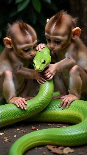 Two Baby Monkeys Play with a Giant Green Snake—A Deadly Mistake! #wildliferescue