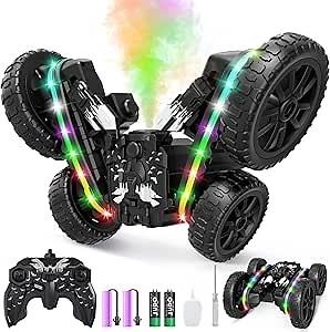 RC Cars Toys, 2-in-1 Remote Control Car Transform 4WD with Spray & LED Lights, 2.4GHz Off-Road Stunt Truck for 360° Flips Gift for Boys Age 8-12 (Black)