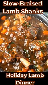 Slow-Braised Lamb Shanks with Vegetables & Gravy Fall-off-the-bone lamb shanks simmered in a rich, savory sauce with tender potatoes and carrots — a cozy, elegant meal perfect for Sunday dinner or holidays. 📝 Ingredients (Serves 4) For the Lamb 4 lamb shanks 2 tbsp olive oil Salt & black pepper (to taste) 1 tsp paprika 1 tsp dried thyme 1 tsp rosemary Vegetables 2 cups baby potatoes (halved) 2 cups carrots (thick sliced) 1 onion (diced) 4 garlic cloves (minced) For the Braising Sauce 2 tbsp tom