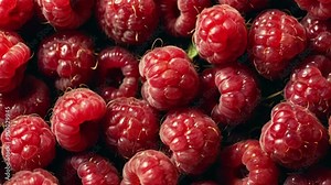Close up of fresh raspberry fruit background with leaves, top view. Photorealistic high resolution macro photography for advertising or food design.