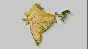 Layered view of a detailed topographic map of India. Height, mountains, plains, rivers, and natural landscapes.