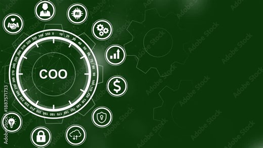 CO concept with interconnected icons Keywords: COO, chief operating officer, executive, management, business, strategy, operations, abstract circles and gears technology backgrounds 4K looping