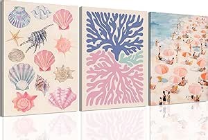 Preppy Beach Wall Art Set of 3, Teen Beach Room Decor Coastal Girl Beachy Canvas Poster Prints, Abstract Beach Painting Wall Decor Aesthetic for Bedroom Living Room Framed 12x16 Inch