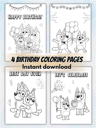 Bluey Birthday Coloring Pages | Printable Birthday Coloring Sheets for Kids | 4 Cute Party Coloring Pages | Instant Download - Etsy UK