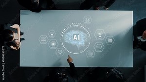 A modern business meeting exploring artificial intelligence strategies, featuring a digital brain graphic on a sleek conference table, showcasing innovation and collaboration. Raster