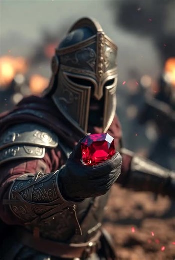 A warrior holds a ruby gemstone in a chaotic battlefield scene. #rubygemstone #vinceong6444 #aigeneratedvideo #fyp #grok