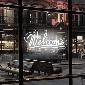 Welcome Neon Sign Welcome LED Neon Light Wall Art Sign Light up with ON/OFF Switch Neon Light for Business Storefront Home door Window Glass Door Shop Store Florists Bar Salon Cafes Restaurant Pubs, Housewarming & Birthday Party Gifts(22'', White)
