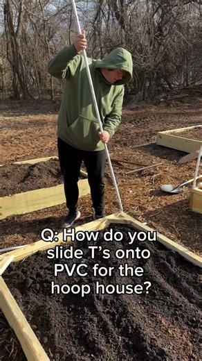 Harvesting Home on Instagram: "Sliding T-fittings onto PVC doesn’t have to be complicated — you just size UP one step. I use ½-inch PVC for the arches and slip ¾-inch T’s right over them so they slide easily, then reduce back to ½-inch for the bracing. Once the frame is set, a couple screws keep everything locked in place. Simple, strong, quick — just how DIY garden builds should be. We’ve used this method for decades while building systems like hoop houses, compost stations, and water-free beds
