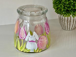 Painted Easter Eggs Cookie or Candy Jar, Cute Bunny Rabbit Candy Jar With Lid, Candle Holder Jar, Spring Tiered Tray Decor, Tulips Bunny Jar - Etsy
