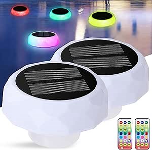 Pool Chlorine Floater 2 Pack, Floating Chlorine Floater Dispenser with Colorful Solar Light Pool Lights for Swimming Pool, Hot Tub, Spa
