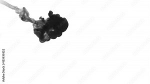 One ink flow, infusion black dye cloud or smoke, ink inject on white in slow motion. Writing ink disperse in water. Inky background or smoke backdrop, for ink effects use luma matte like alpha mask