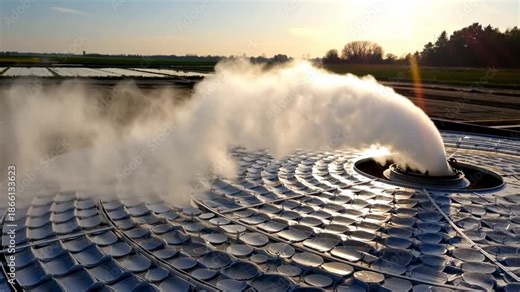 Solar panel steam technology for water scarcity and renewable energy outdoor agriculture, showcasing innovation and sustainable environment solutions with advanced steam systems for resource