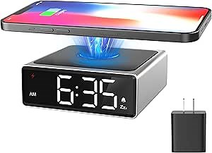 Alarm Clock Wireless Charging - Clear LED Metal Wireless Charger Clock with 3 Brightness 12/24H Snooze for Bedside Bedroom Office, Compatible with All Qi-Certified iPhone, Android (Silver)