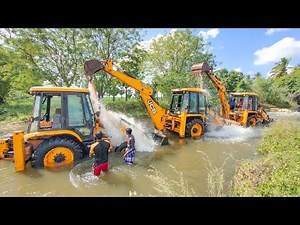 JCB 3DX 3 vs 6 Clown Drivers and Helpers Enjoyable Washing in River | jcb video