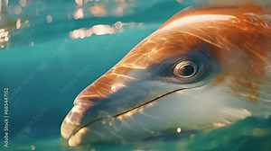 Closeup of a dolphins eye, reflecting the vibrant colors of the coral reef as it swims gracefully through the water.