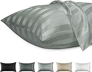 Lirex Satin Pillowcase 2-Pack, Queen Size Satin Pillowcase Soft Solid Color Microfiber Satin Pillowcase, Envelope Closure Wrinkle Free Fade Resistant Breathable, Light Grey Stripe