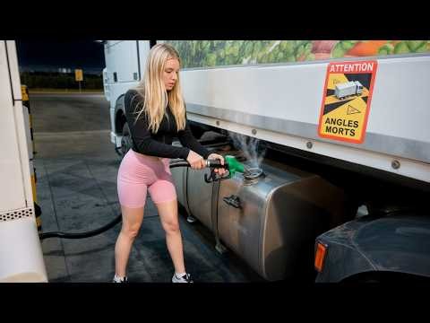 Female Trucker Refuels at a Dangerous Truck Stop at Night