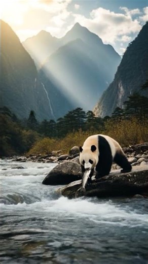 A panda is catching fish from the river.#ai #panda #forest #cute