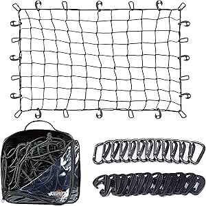 Truck Bed Cargo Net – 4 x 6 Foot, Heavy-Duty Elastic Mesh with 12 Black Clips and Storage Bag for Pickup for Cargo Netting, Securing Loads in Trailers, SUVs & Roof Racks