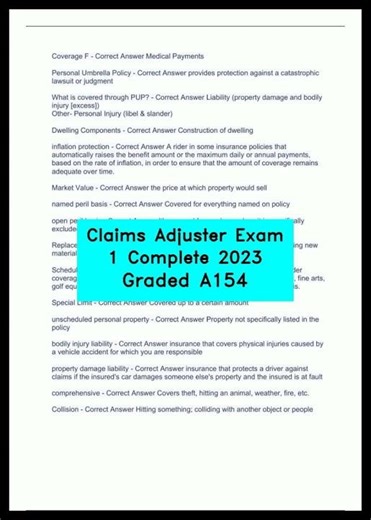 Claims Adjuster Exam 1 Complete 2023 Graded A154 video