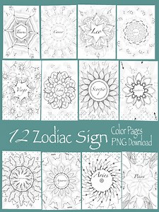 12 Zodiac Mandala Color Pages | PNG Digital Download | Hand Drawn - Etsy