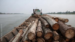 Lumber Transport on River: Logs are being transported on a barge down a wide river, reflecting a scene of industry and the utilization of natural resources.