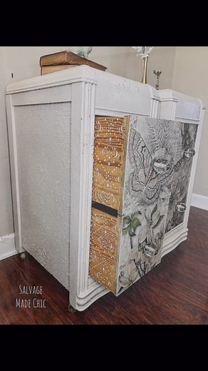 1.6K views · 106 reactions | One project, two different uses of our Stencil! In this video Megan @salvage_made_chic shows you how she created raised stencil effect on the sides of these cool tables. Can you spot the other use for this stencil somewhere else?  ✨Decoupage Queen - Hobbilicious “Damask Tiles” stencil ✨Decoupage Queen “Naturalist Library” rice paper #stencilart #upcycledfurniture #furniturericepaper | Decoupage Queen | Facebook