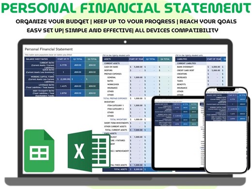 Personal Financial Statement Template Excel Google Sheets Net Worth Tracker Balance Sheet Liabilities Assets Tracker Simple Finance Overview - Etsy
