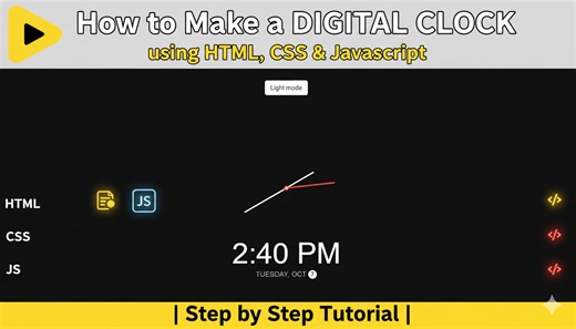 🎬 YouTube Title: 🕒 Build a Digital Clock Using HTML, CSS & JavaScript | Real-Time Clock Project Tutorial 🚀 📝 YouTube Description: In this video, you’ll learn how to create a beautiful real-time digital clock using HTML, CSS, and JavaScript. This beginner-friendly project will help you understand DOM manipulation, live time updates, and basic web styling — perfect for adding to your portfolio or website dashboard. ✨ What You’ll Learn: ✅ Display current time dynamically using JavaScript ✅ Styl