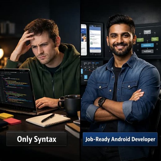 Droid Skool on Instagram: "ANDROID SYNTAX WON’T GET YOU HIRED Most beginners think this is enough 👇 “Finish Kotlin syntax → Get job” That belief is quietly killing Android careers. Here’s the shocking truth. Learning Android syntax alone won’t make you employable. It only makes you comfortable, not valuable. I’ve seen students who can explain every keyword in Kotlin… but freeze when asked to build real Android projects. Because companies don’t hire syntax readers. They hire problem solvers. Her