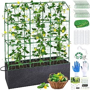 50x65x18 Inch Cucumber Trellis for Raised Bed - with 46 Gallon Grow Bags, Garden Trellis for Climbing Plants Outdoor with Climbing Net and Plant Support for Cucumber, Tomato, Vegetable, Grape, Vine