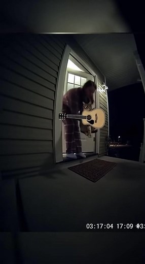 A mischievous cat decides to hold a midnight concert on the front porch, strumming away on a guitar. The tired homeowner storms out in pajamas, confiscates the instrument, and scolds the feline musician, who angrily meows back in protest. | Gemindtt