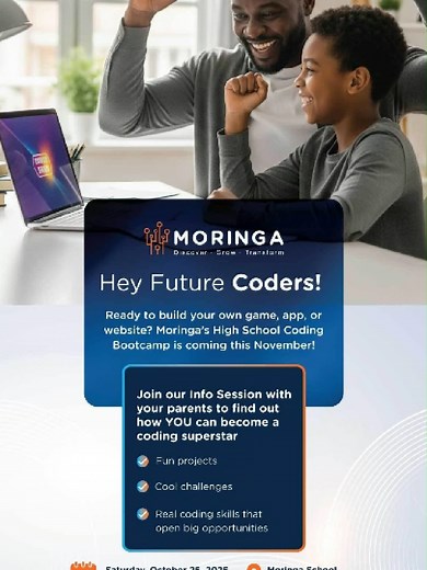 Every big dream starts small. Parents, imagine this , Your child gaining the skills and learning how to build their first game, app, or website, all before the year ends! Join us to: ✨ Meet our mentors and see what makes learning at Moringa truly unique 🎮 Hear inspiring stories from young coders who’ve already started their tech journeys 💬 Engage one-on-one with our team and get insights into scholarships, campus life, and how we support students even after the program It’s fun, future-focused